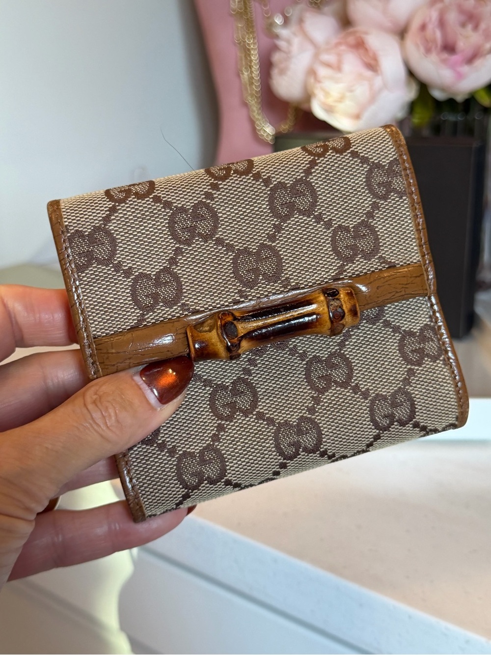 Gucci Bamboo Detail Brown GG Canvas Small trifold Wallet 4.25 x 4